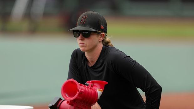 SF Giants major league assistant coach Alyssa Nakken (92) before a game against the Arizona Diamondbacks. (2022)